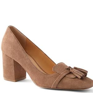 Suede Tassel High Block Heel Pumps - Ann Taylor; Taupe; New without box
